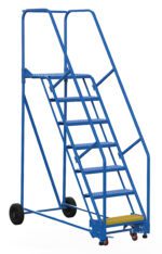The blue Vestil Warehouse Ladder features handrails, a 21-inch yellow non-slip top step, and seven steps. Ideal for industrial settings, its 58-degree grip design and rear wheels ensure easy mobility, making it essential in any warehouse environment.