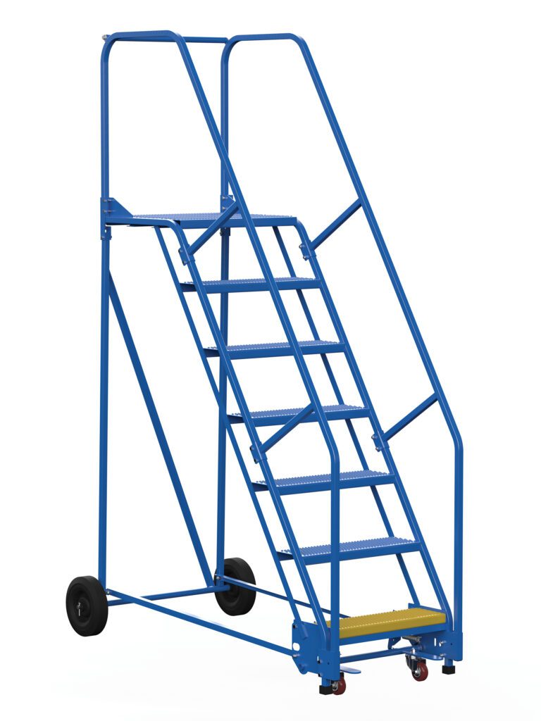 LAD-7-21-P_A.jpg Discover the Vestil Warehouse Ladder 58 Deg Perf 7 Stp 21 In, a blue metal ladder with seven steps, safety rails, and a top platform. It features two rear wheels for easy mobility and is designed at a 58-degree angle for optimal performance in any setting.