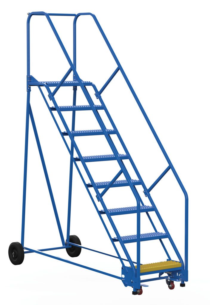 The Vestil Warehouse Ladder 50 Deg Grip 8 Stp 14 In features a blue design with safety rails, a yellow non-slip bottom step, and wheels for easy movement. Ideal for reaching high shelves, its 50-degree grip ensures secure footing across all eight steps.