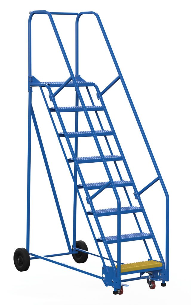 LAD-8-14-G_A.jpg The Vestil Warehouse Ladder 58 Deg Grip 8 Stp 14 In is a blue, wheeled ladder with handrails, featuring seven perforated steps and a yellow bottom step for safety. Its 58-degree grip angle provides secure access to elevated warehouse areas.
