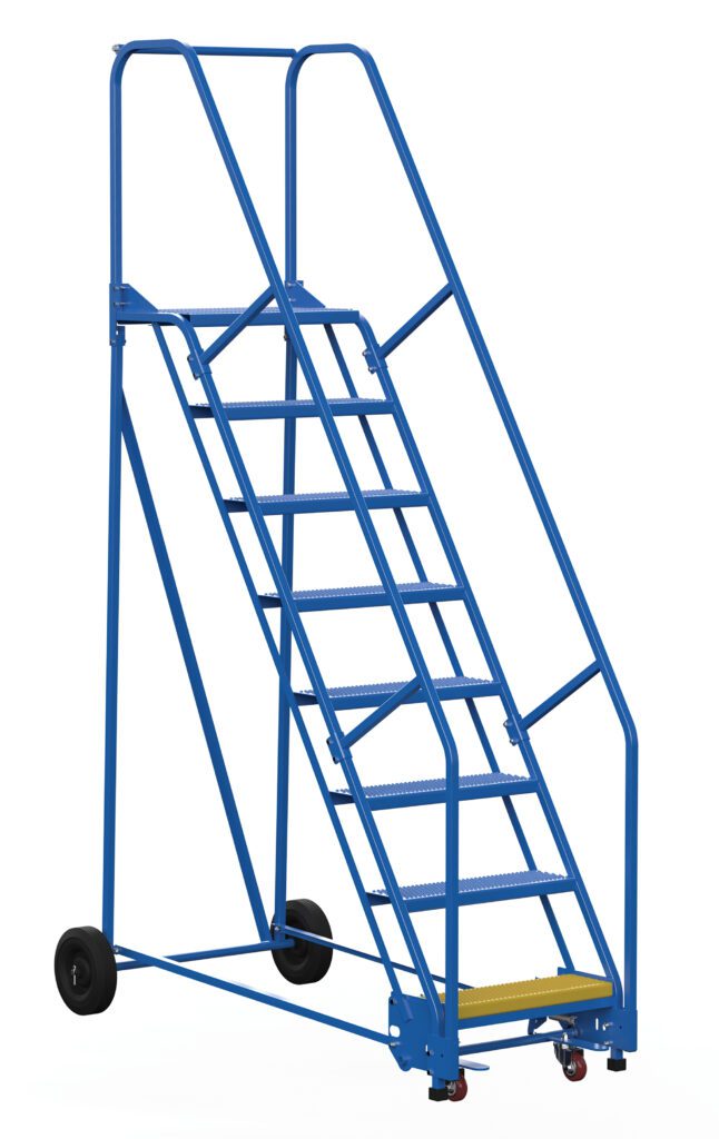 The Vestil Warehouse Ladder 58 Deg Perf 8 Stp 14 In, with its unique blue color, features eight steps and handrails for safety. Designed at a 58-degree angle, it has perforated metal steps for enhanced grip and is perfect for industrial use, offering easy mobility with wheels and a durable platform.