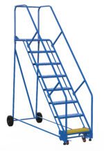 The Vestil Warehouse Ladder 50 Deg Grip 8 Stp 21 In has a 50-degree incline, eight steps with a unique yellow top step, sturdy handrails, and wheels for easy mobility. This blue ladder makes warehouse navigation seamless.