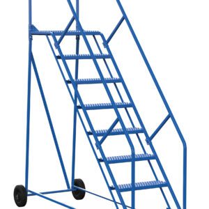 The Vestil Warehouse Ladder 50 Deg Grip 8 Stp 21 In has a 50-degree incline, eight steps with a unique yellow top step, sturdy handrails, and wheels for easy mobility. This blue ladder makes warehouse navigation seamless.