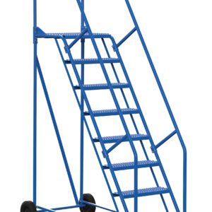 The Vestil Warehouse Ladder 58 Deg Grip 8 Stp 21 In features a safe, mobile design with a 58-degree incline, eight steps, textured surfaces for grip, and two rear wheels. Its blue ladder ensures reliability, while the 21-inch wide yellow base step offers stability in any setting.