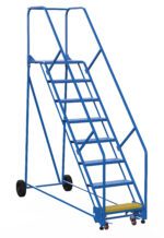 The Vestil Warehouse Ladder 50 Deg Perf 8 Stp 21 In, with handrails and wheels, features eight steps including a yellow bottom step, has non-slip metal treads for safety, and is designed for easy movement.