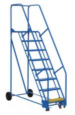 The Vestil Warehouse Ladder 58 Deg Perf 8 Stp 21 In is blue, has wheels, features eight steps at a 58-degree incline, and includes safety handrails. Its top step is yellow for added safety. Ideal for industrial or storage settings, it measures 21 inches wide for stability when reaching high shelves.