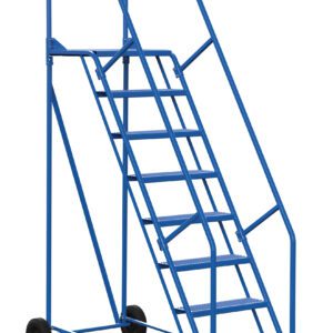 The Vestil Warehouse Ladder 58 Deg Perf 8 Stp 21 In is blue, has wheels, features eight steps at a 58-degree incline, and includes safety handrails. Its top step is yellow for added safety. Ideal for industrial or storage settings, it measures 21 inches wide for stability when reaching high shelves.