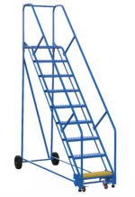 The Vestil Warehouse Ladder 50 Deg Grip 9 Stp 14 In is blue with nine steps, including a yellow bottom step. It features side rails, two rear wheels for mobility, and front swivel casters for stability.