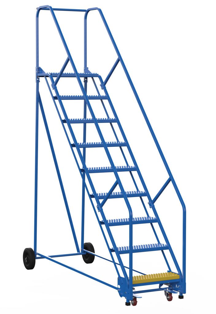 The Vestil Warehouse Ladder 50 Deg Grip 9 Stp 14 In is blue with nine steps, including a yellow bottom step. It features side rails, two rear wheels for mobility, and front swivel casters for stability.