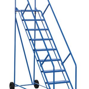 The Vestil Warehouse Ladder 50 Deg Grip 9 Stp 14 In is blue with nine steps, including a yellow bottom step. It features side rails, two rear wheels for mobility, and front swivel casters for stability.