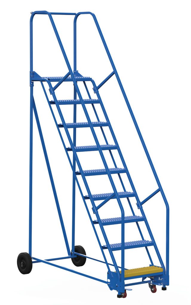 The Vestil Warehouse Ladder 58 Deg Grip 9 Stp 14 In features a stable blue frame with safety rails, wide steps on a 58-degree incline, and smooth mobility thanks to two large rear wheels and front stabilizers.