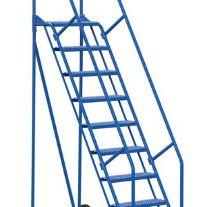 The Vestil Warehouse Ladder 58 Deg Grip 9 Stp 14 In features a stable blue frame with safety rails, wide steps on a 58-degree incline, and smooth mobility thanks to two large rear wheels and front stabilizers.