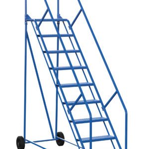 The Vestil Warehouse Ladder 50 Deg Perf 9 Stp 14 In features a blue rolling industrial design with nine steps, dual safety rails, wheels for mobility, and a yellow safety step at the base, ideal for warehouse use.