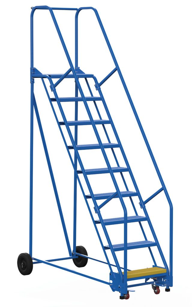 The Vestil Warehouse Ladder 58 Deg Perf 9 Stp 14 In boasts a sleek design with nine steps and dual-side handrails. It features a stable, mobile 58-degree angle and rear wheels, with the bottom step highlighted in yellow for visibility, ensuring efficient navigation in any space.