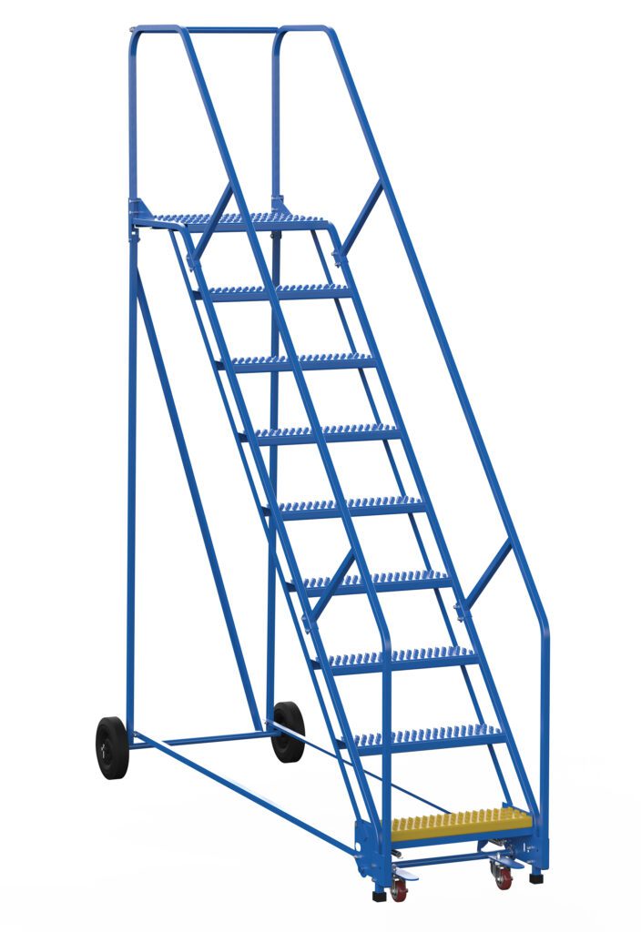The Vestil Warehouse Ladder 50 Deg Grip 9 Stp 21 In is designed for efficiency with nine steps and a 50-degree grip. Its blue frame with handrails moves easily on two black rear and two red front wheels, ensuring easy mobility in tight spaces.