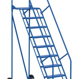 The Vestil Warehouse Ladder 58 Deg Grip 9 Stp 21 In is blue with a rolling design and a 58-degree angle. It features nine steps, a 21-inch wide platform, handrails, wheels for mobility, and a distinct yellow base step for safety.