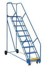 The Vestil Warehouse Ladder 50 Deg Perf 9 Stp 21 In is a blue ladder with nine steps at a 50-degree angle, handrails, and two wheels for easy mobility, making it a versatile addition to any workspace.