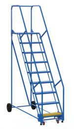 The Vestil Warehouse Ladder 58 Deg Perf 9 Stp 21 In is a blue rolling industrial ladder with nine perforated steps at a 58-degree angle, dual side railings, and a top platform. Its 21-inch yellow step enhances visibility, while wheels provide mobility, making it perfect for storage areas.