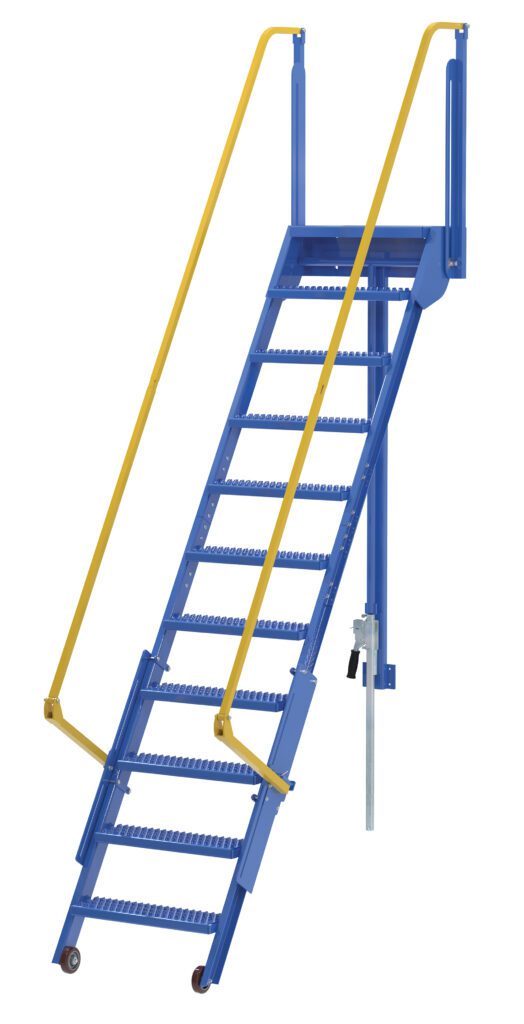 LAD-FM-108_A.jpg A blue industrial metal staircase with ten steps, featuring yellow safety handrails on both sides, resembles the 108 In Vestil Folding Mezzanine Ladder. Its small wheels imply portability and adjustability, making it ideal for versatile use.
