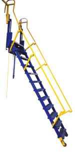 The Vestil Folding Mezzanine Ladder 120 In features blue metal steps and yellow handrails, designed for access. Supported by a hydraulic mechanism and wheels, it offers mobility and convenient 115Vac power storage capabilities.