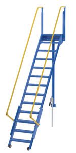 The blue metal staircase with wheels, yellow handrails, and grated steps for portability and safety resembles the Vestil Folding Mezzanine Ladder 120 In.