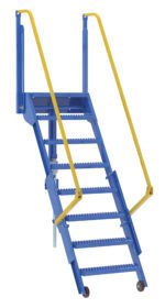 The Vestil Folding Mezzanine Ladder, 72 In, is a blue ladder with yellow handrails and seven steps. Equipped with wheels for easy mobility, its perfect for industrial use.
