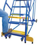 A person in jeans and boots steps onto a blue metal rolling ladder marked with yellow safety signs and AUTHORIZED PERSONNEL ONLY, secured by the Vestil Optional Warehouse Ladder Safety Gate.