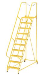 The Vestil Maintenance Ladder Grip-Strut 10-Step Yellow is an industrial rolling ladder equipped with handrails, caster wheels, and a protective chain on the platform for secure access in warehouses or industrial settings.