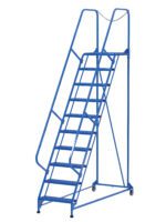 The Vestil Maintenance Ladder 10 Step Grip Strut features a blue rolling design, handrails, perforated steps, and a metal framework for stability and safety on steep inclines. Casters provide mobility, and a top entrance chain adds security.