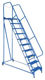 The Vestil Maintenance Ladder 10 Step Perforated comes in blue with handrails and wheels for easy movement. Its perforated structure, safety chain at the top, and ten steps provide stability and security while in use.