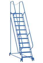 The Vestil Maintenance Ladder 11 Step Grip Strut offers easy access with 11 non-slip steps and handrails, ideal for warehouses. This blue rolling ladder has four wheels and a secure chain at the top for mobility and safety.
