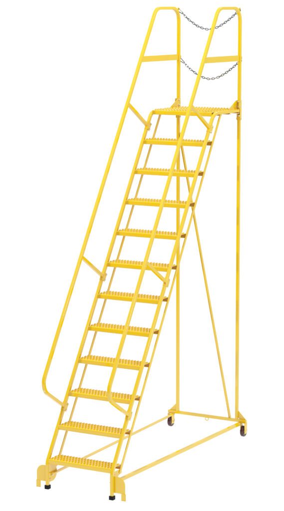 LAD-MM-12-G-YL_A.jpg The Vestil Maintenance Ladder Grip-Strut 12-Step Yellow offers excellent safety with 12 wide steps, safety rails, a secure top chain, and four wheels for easy movement in any workspace.
