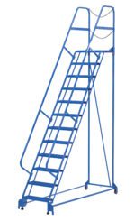 The Vestil Maintenance Ladder 12 Step Grip Strut is a blue mobile ladder with 12 steps, Grip Strut treads, wheels, handrails, and safety chains at the top for secure access to high storage areas.