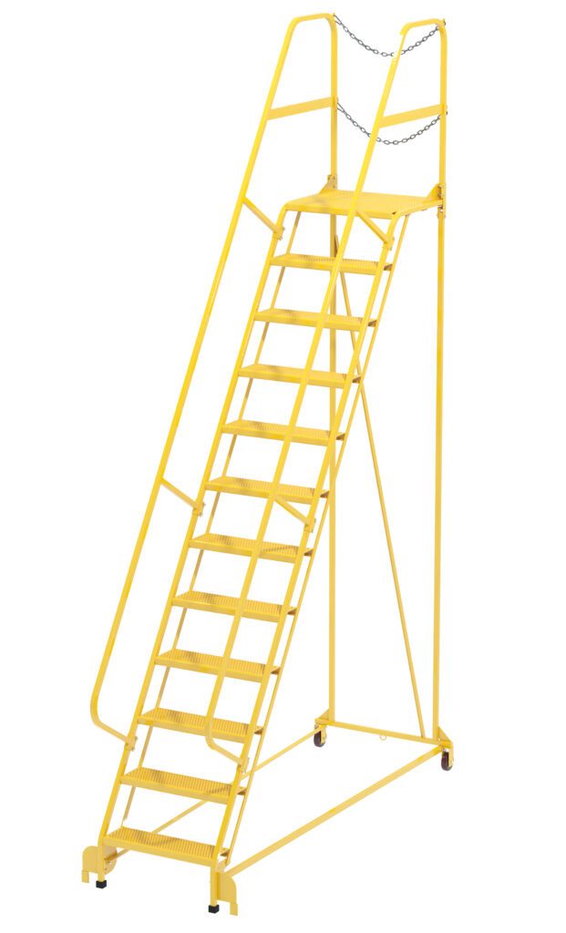 LAD-MM-12-P-YL_A.jpg The Vestil Maintenance Ladder Perforated 12-Step Yellow is a rolling ladder with safety rails and a top security chain. It has wheels for mobility and a stable frame, making it ideal for industrial or warehouse use.