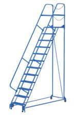 The Vestil Maintenance Ladder 12 Step Perforated, with a blue frame and small base wheels, is engineered for industrial efficiency. It features perforated handrails and a top-entry safety chain to ensure stability and security in challenging environments.