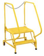 The Vestil Maintenance Ladder Perforated 2-Step Yellow stool is durable, with side railings, a safety chain, rubber-tipped legs, and a wheel for secure positioning and easy movement in industrial settings.