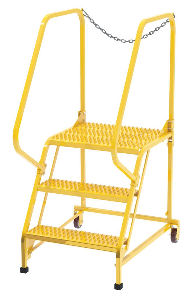 LAD-MM-3-G-YL_A.jpg The Vestil Maintenance Ladder Grip Strut 3-Step Yellow features a safe, non-slip surface, safety handrails, and a chain at the top entry. Its three-step design includes a top platform and is supported by wheels for easy mobility.