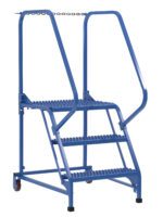 The Vestil Maintenance Ladder 3 Step Grip Strut comes in blue and includes three steps with Grip Strut surfaces, handrails, and rear wheels. It features a protective chain across the top for enhanced safety.