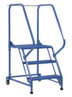 The Vestil Maintenance Ladder 3 Step Perforated is blue and features a perforated metal design with handrails, a small top platform, rear wheels, front stabilizing feet, and a chain linking the handrails for added safety.