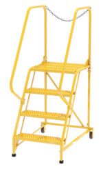 The Vestil Maintenance Ladder Grip-Strut 4-Step Yellow is a robust industrial tool with four textured steps for optimal grip, safety handrails, and a top chain, making it ideal for warehouse or factory use.