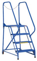 The Vestil Maintenance Ladder 4 Step Grip Strut features a sturdy blue metal frame, handrails on both sides, and a safety chain at the top. Its wheels enhance mobility, while the robust design ensures stability for any task.