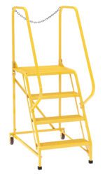 The Vestil Maintenance Ladder Perforated 4-Step Yellow is a metal rolling ladder with safety perforations, side handrails, and a secure chain. Its four wheels offer easy mobility, ensuring safe and convenient maintenance tasks.