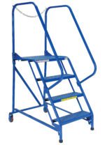 The Vestil Maintenance Ladder 4 Step Perforated is a blue portable metal ladder with four perforated steps. It includes a safety chain, wheels for easy movement, and angled handrails on both sides for added stability and convenience.