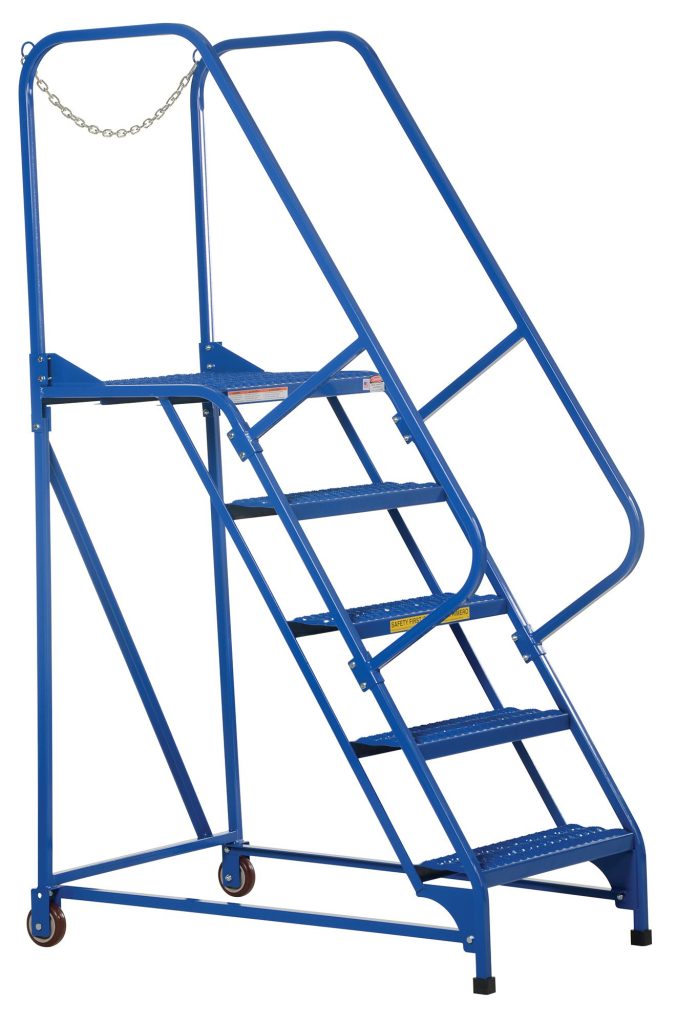 The blue Vestil Maintenance Ladder 5 Step Grip Strut is a rolling industrial safety ladder with handrail, small top platform, and features five Grip Strut steps. Mobility is enhanced by wheels, and a safety chain at the top ensures security.