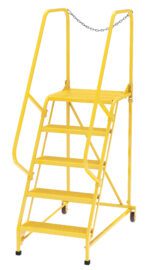 The Vestil Maintenance Ladder Perforated 5-Step Yellow features sturdy handrails, a safety chain, and a rolling base for smooth mobility, making it an essential tool for any workspace.
