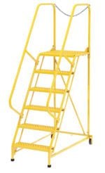 The Vestil Maintenance Ladder Grip-Strut 6-Step Yellow is a mobile platform featuring handrails, a top safety chain, and six steps, designed for industrial use.