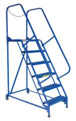 Introducing the Vestil Maintenance Ladder 6 Step Perforated, a versatile blue rolling ladder with handrails, perforated steps, a secure platform with a safety chain, and four wheels for easy mobility.