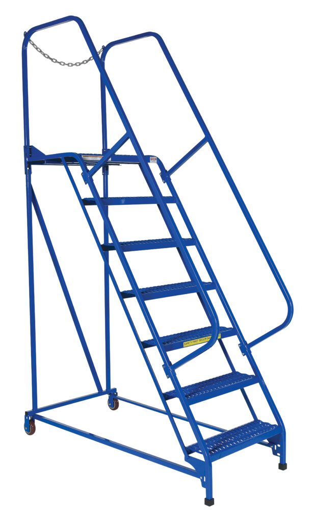 LAD-MM-7-G_A.jpg The Vestil Maintenance Ladder 7 Step Grip Strut features seven steps, side handrails for stability, and includes a top platform with a safety chain. Its wheels ensure easy mobility.