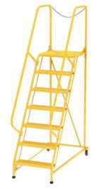 The Vestil Maintenance Ladder Perforated 7-Step Yellow is an industrial rolling ladder with handrails, a safety chain at the top, and wheels for mobility. Its yellow, sturdy metal frame and perforated steps ensure efficient use and secure operation.