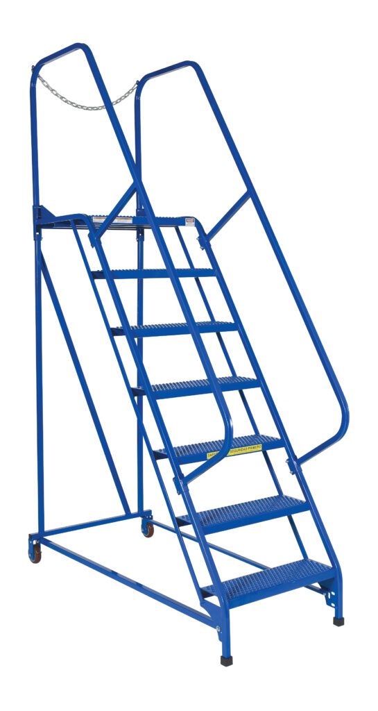 LAD-MM-7-P_A.jpg The Vestil Maintenance Ladder 7 Step Perforated is a blue rolling ladder designed for industrial use, featuring seven perforated steps, handrails, four wheels, and a safety chain at the top against a plain white background.